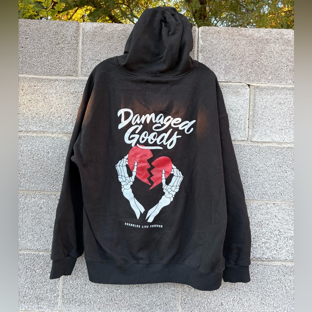 Assholes Live Forever Damaged Goods  Hoodie Skeleton Hands Black Goth Unisex XL